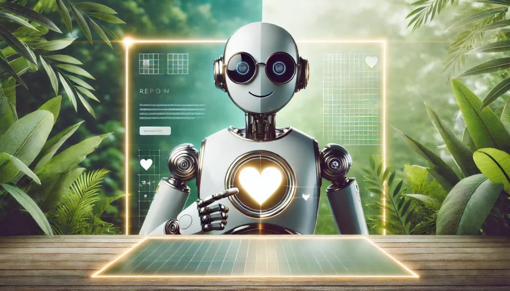 Robot interactivo representando la estrategia de redes sociales en un entorno natural, con elementos gráficos de análisis y tecnología
