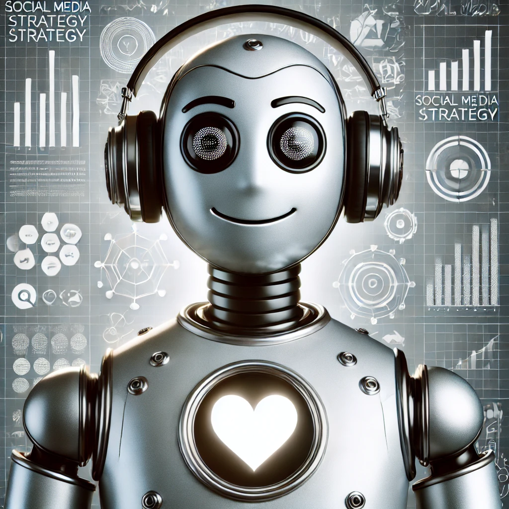 Robot amigable representando el servicio de Estrategia de Redes Sociales de Digital Innova con elementos de conexión y audiencia