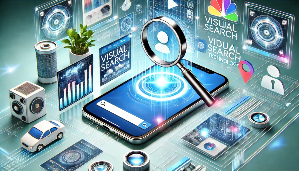 Smartphone mostrando búsqueda visual con íconos e imágenes en el contexto del marketing digital