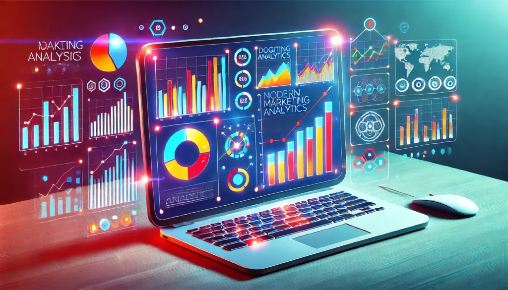 Analítica de marketing con gráficos y tablas que representan el análisis de datos en marketing digital