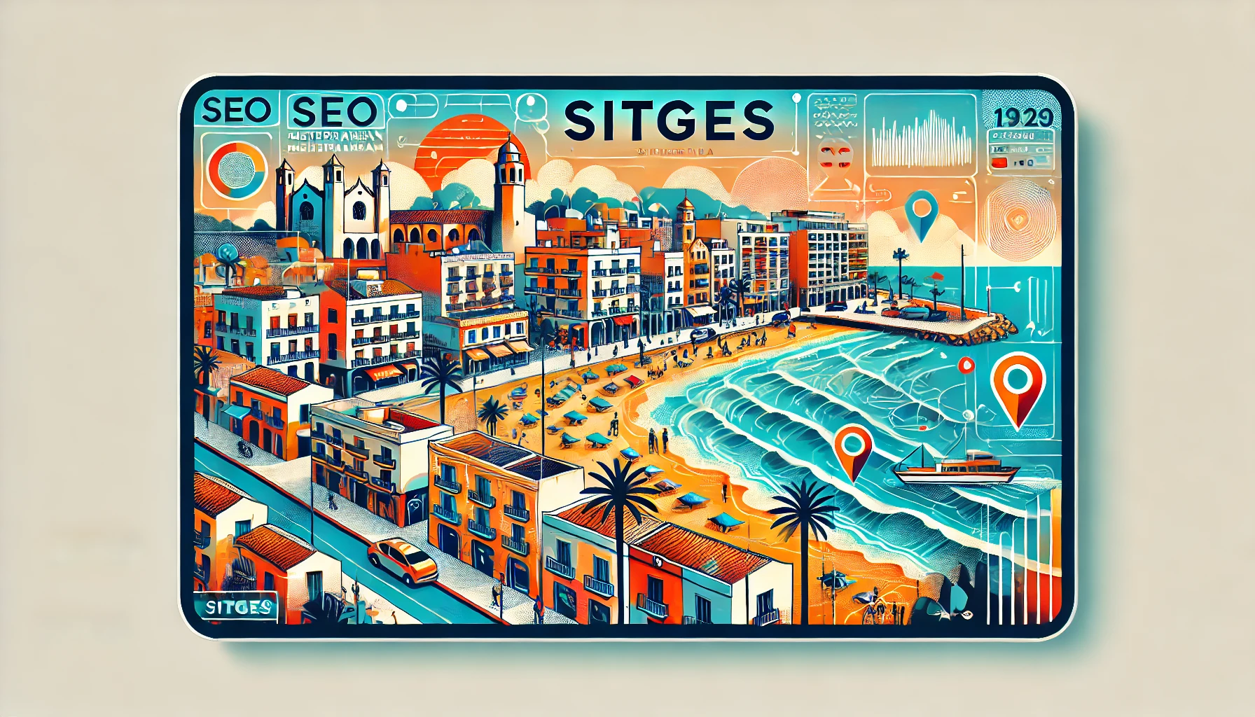 Ilustración representativa de Sitges con íconos de marketing digital y SEO