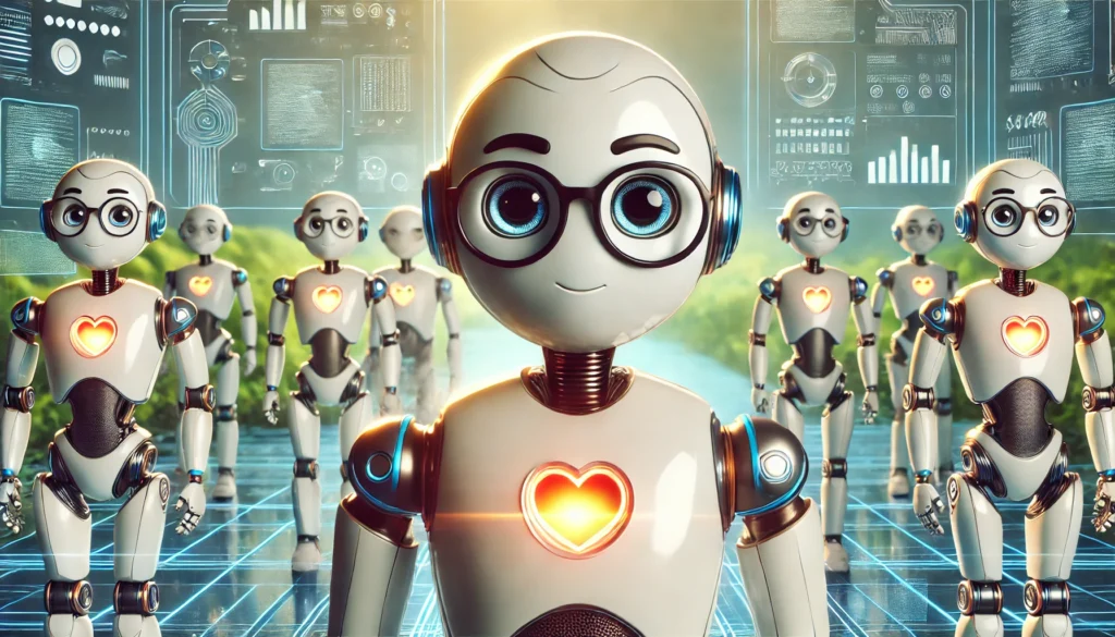 Robots trabajando en equipo con corazones iluminados - Trabaja con Nosotros en Digital Innova