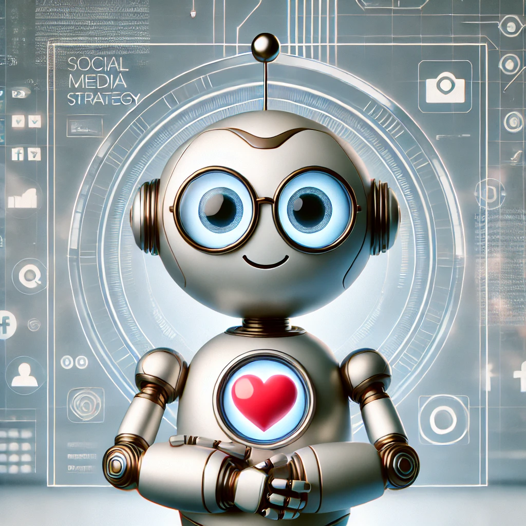 Robot amigable con gráficos digitales de estrategia para redes sociales en segundo plano