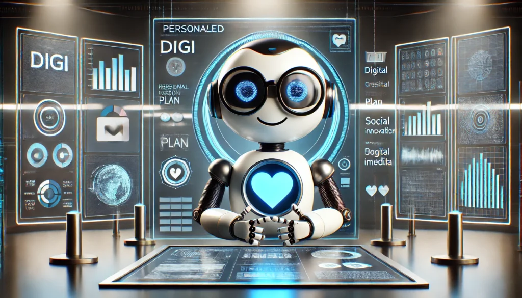 Robot futurista en un entorno digital con gráficos interactivos y paneles de datos personalizados