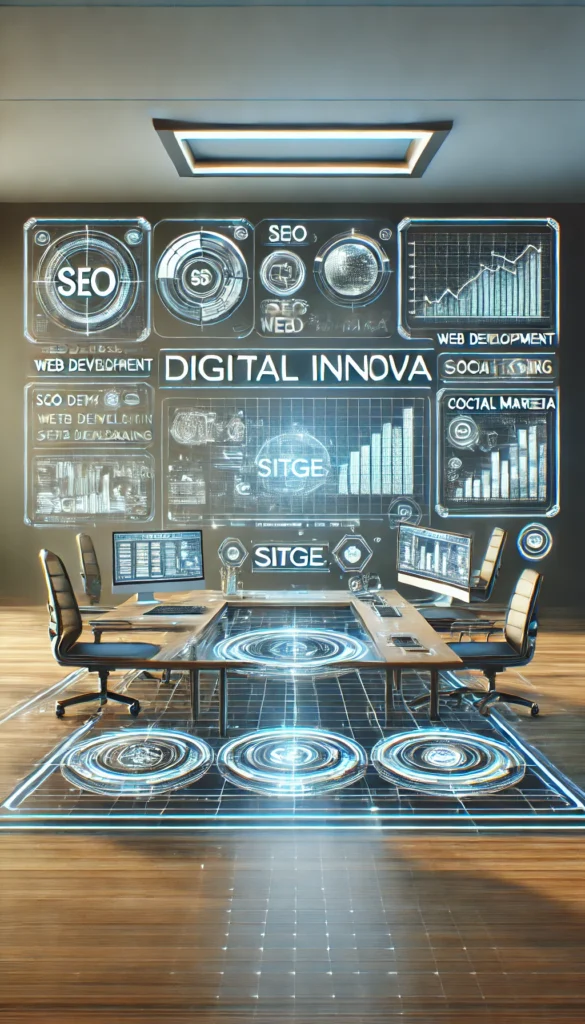 contacto y marketing digital avanzado Espacio de trabajo digital futurista en Sitges con gráficos de SEO, redes sociales y estrategias de contenido