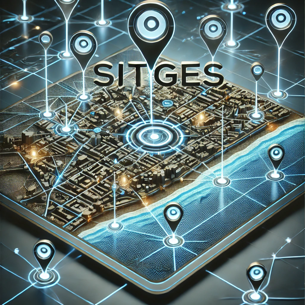 Mapa digital futurista de Sitges con marcadores brillantes y líneas de conexión tecnológica, destacando accesibilidad y estrategias locales de marketing
