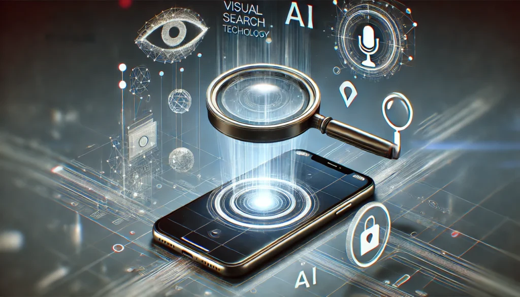 Ilustración digital sobre tecnología de búsqueda visual con un smartphone escaneando un objeto y elementos de inteligencia artificial