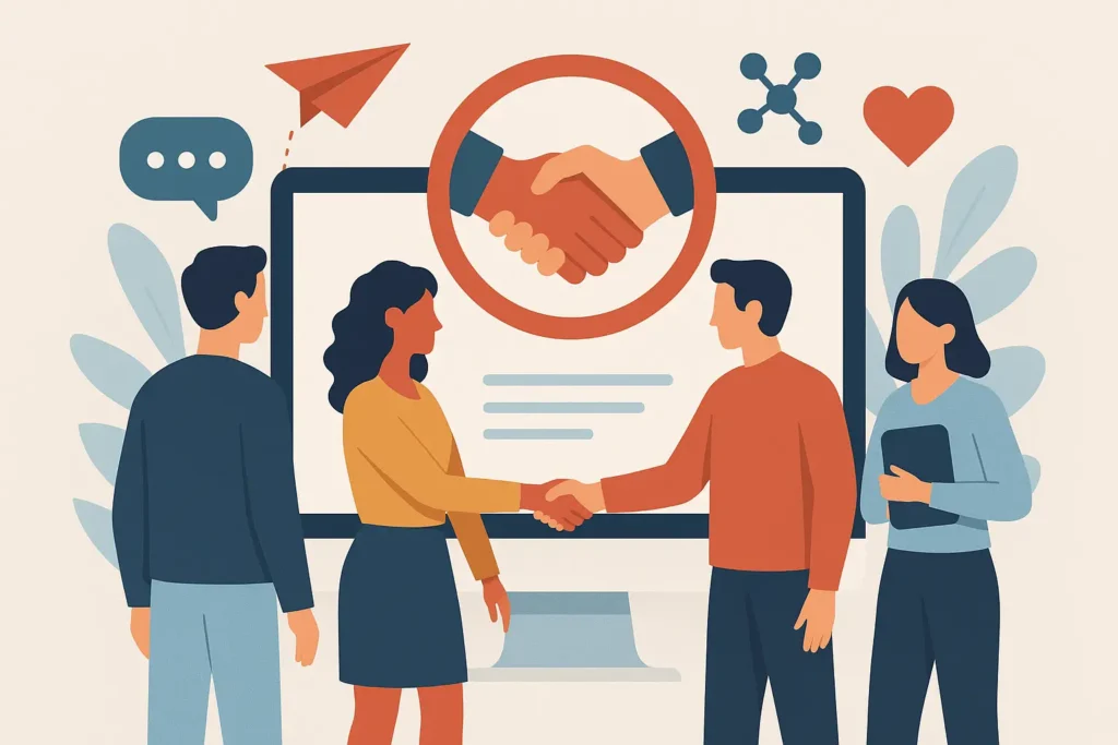 Personas conectando mediante dispositivos para ilustrar el marketing relacional