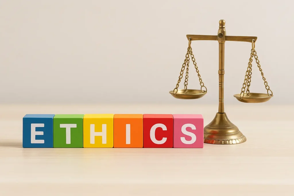 Bloques de colores que forman la palabra "ETHICS" junto a una balanza dorada, representando el marketing ético