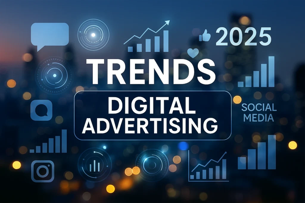 Tendencias en publicidad digital con gráficos, redes sociales y datos